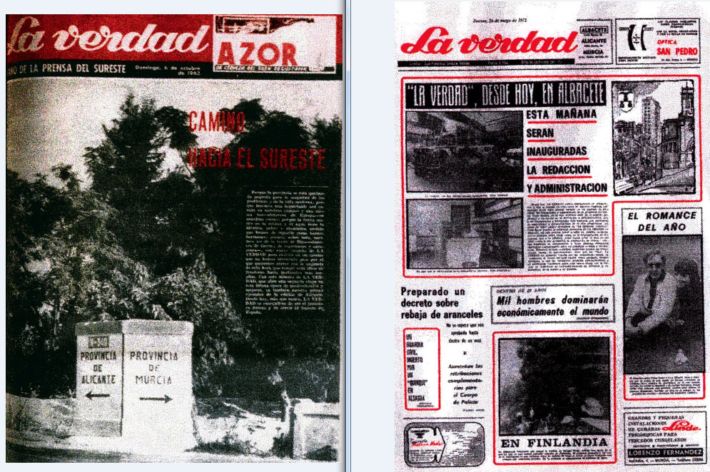 Primeras portadas de las delegaciones de La Verdad en Alicante y Albacete. Fechadas el 6 de octubre de 1963 y 24 de mayo de 1973